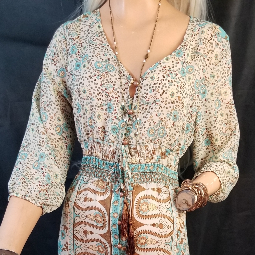 Boho patterned long festival dress button up